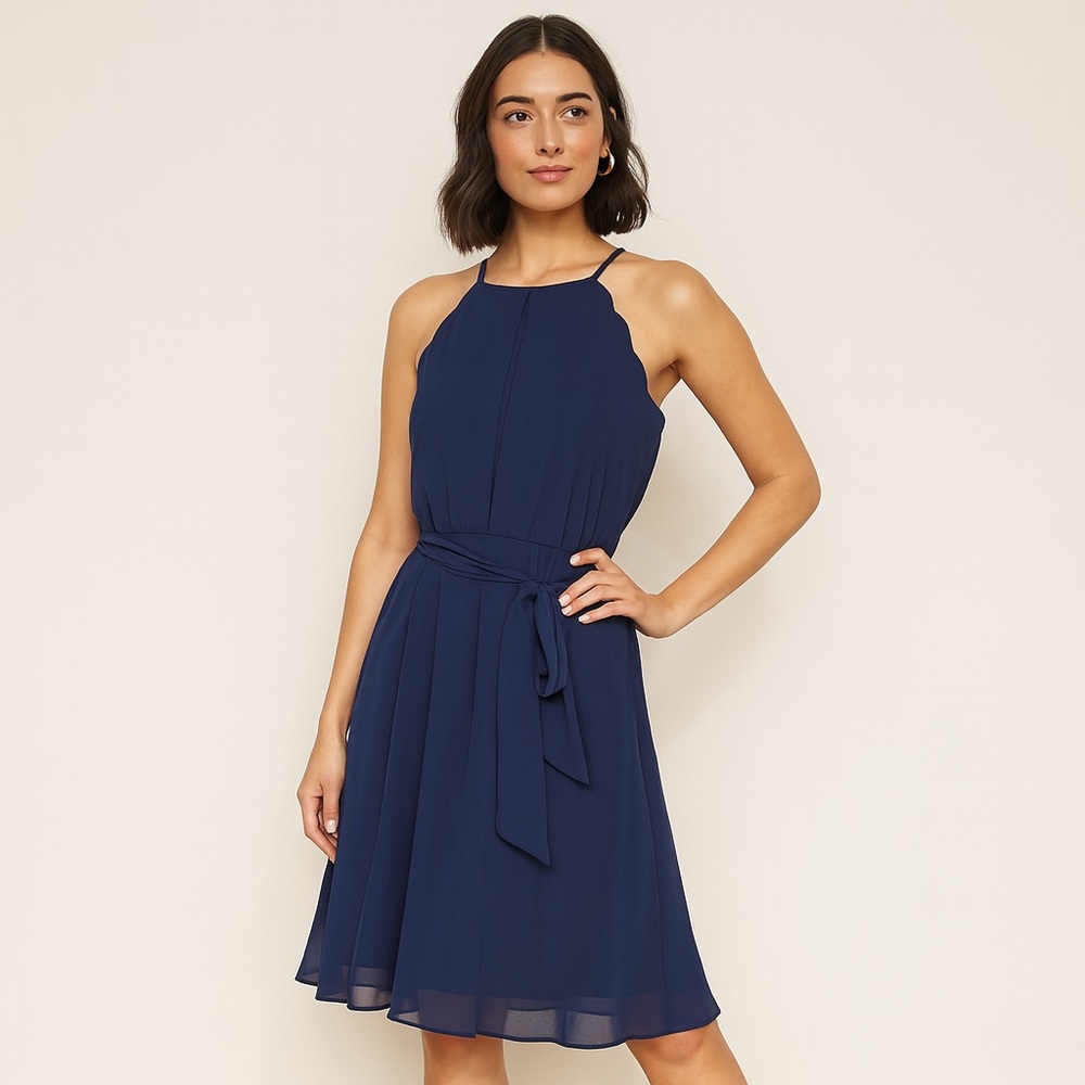 BCX Navy Scalloped A-Line Party Dress with Sash - Lined Formal Mini - Small